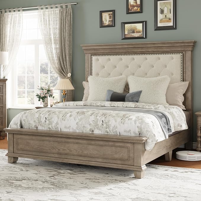 LUXOAK Solid Pine Wood Queen Bed Frame with 69" High Upholstered Headboard, Transitional Style Platform Bed, No Box Spring Needed & Easy Assembly, Button-Tufted Chenille Fabric, Antique Taupe