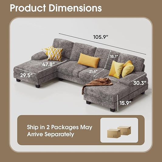 Furmax Sectional Couches for Living Room, U-Shaped Sofa Couch with Linen Fabric, 4 Seat Sofa Set with Double Chaise for Apartment (Chenille, Grey)