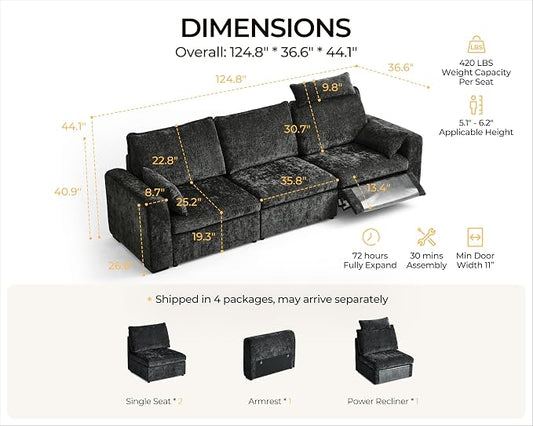124.8'' Oversized Power Recliner Sofa with Headrest, Extra Wide Deep Modular Cloud Sectional Reclining Couch Wall Hugger, Convertible 3-Seater for RV Home Theater Living Room, Chenille, Black