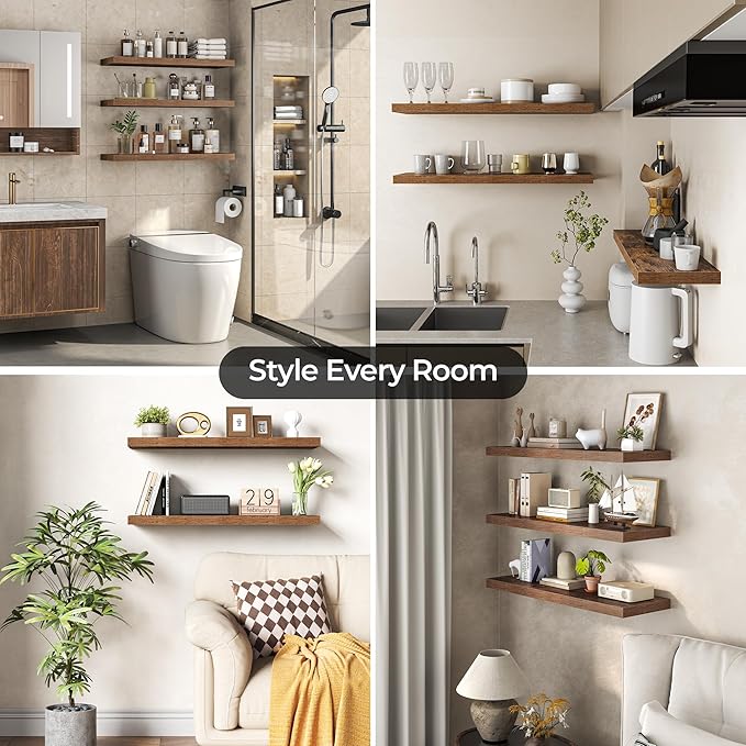 Fun Memories Floating Shelves for Wall 24 Inch Set of 3, Farmhouse Floating Shelves with Invisible Heavy Duty Bracket, 10 Inch Deep Bathroom Shelves for Storage, Living Room, Kitchen, Decor, Brown