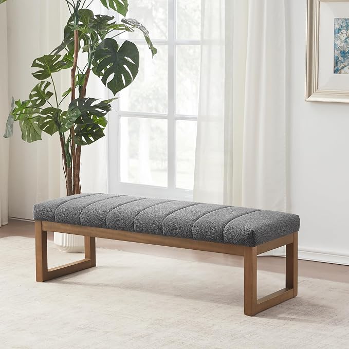 Zihanhome 52.7" Bedroom Bench for End of Bed, Modern Upholstered Teddy Fabric Entryway Bench & Dining Bench, Footrest Stool Bench with Solid Wood Frame for Bedroom, Living Room (Grey)
