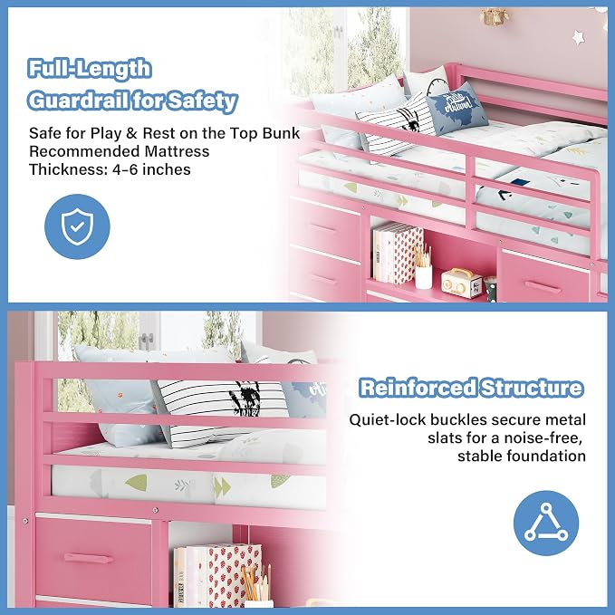 Einhomn Twin Low Loft Bed with 8 Drawers, Bookshelf, Heavy Duty Metal Kids Loft Bed with 13 Inch Safety Guardrail, Play Curtain, Under-Bed Play Area - Pink
