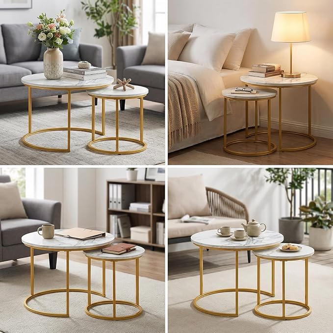 Round Nesting Coffee Table Set of 2, Modern Marble Pattern Wooden Nesting Tables, Stacking Minimalist End Table for Living Room Bedroom Small Space, (Glod Leg+White top)