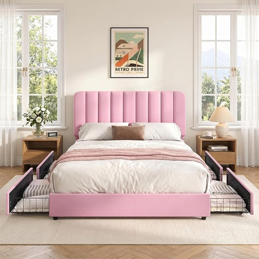 VECELO Full Size Upholstered Bed Frame with 4 Drawers and Headboard, Velvet Platform Storage Bedframe, Wooden Slats Support, No Box Spring Needed,Pink
