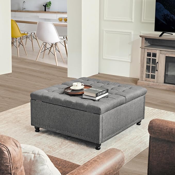 Redlife 35 Inch Large Square Storage Ottoman, Storage Ottoman Coffee Table with Lift Top Linen Ottomans Bench Square Footrest Oversized Upholstered Coffee Table for Living Room Bedroom (Dark Grey)