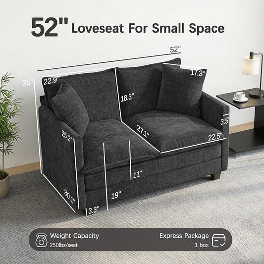 Loveseat Sofa, 52'' Modern Cloud Sofa Couch with 27" Deep Seat & 2 Pillows, Comfy Chenille Small Couch for Small Spaces, Apartment, Studio, Bedroom, Living Room (Black, Loveseat)