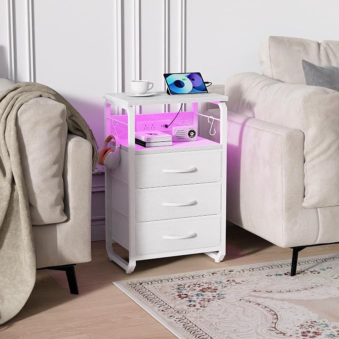 runjuly Bed Side Table with 3 Fabric Drawers, White Night Stand, LED Nightstand with Hooks, Bedside Table with Charging Station, End Table with Storage, Night Table for Bedroom, Dorm