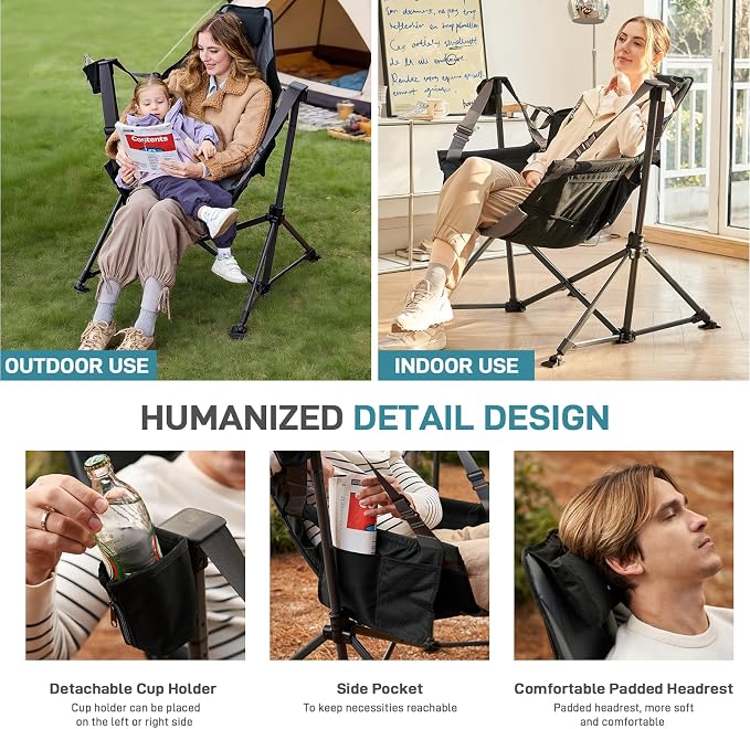 EVER ADVANCED Padded Oversized Hammock Camping Chair, Compact Heavy Duty Swing Chair with Multi-Storage Pockets, Portable Folding Rocking Camping Chair, Support Up to 400lbs, Black