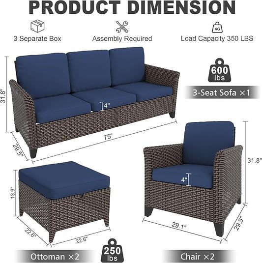 5 Pieces Patio Furniture Set, PE Wicker 75" Couch with 2 High Back Chairs & 2 Ottomans, All-Weather Rattan Furniture with Waterproof Cushions for Deck, Garden, Porch
