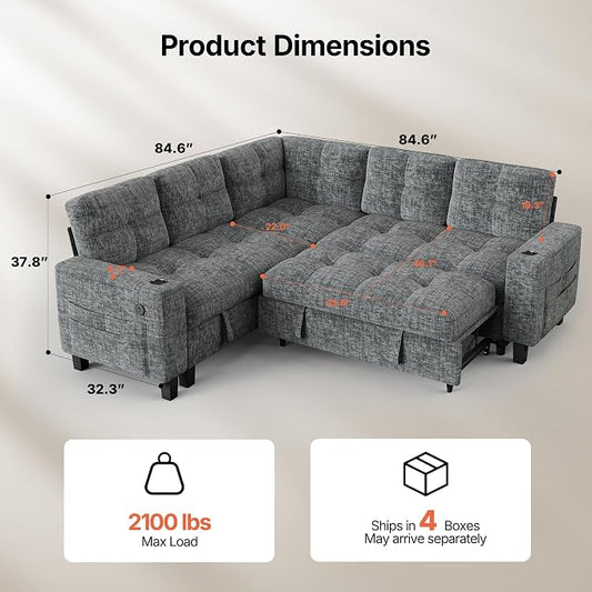 AMADA HOMEFURNISHING 85″ Modular Sectional Sleeper Sofa with Pull Out Couch, U Shaped 5 Seat Sectional Sofa with Storage, USB Ports & Cup Holders, Chenille Cloud Couches for Living Room, Light Gray