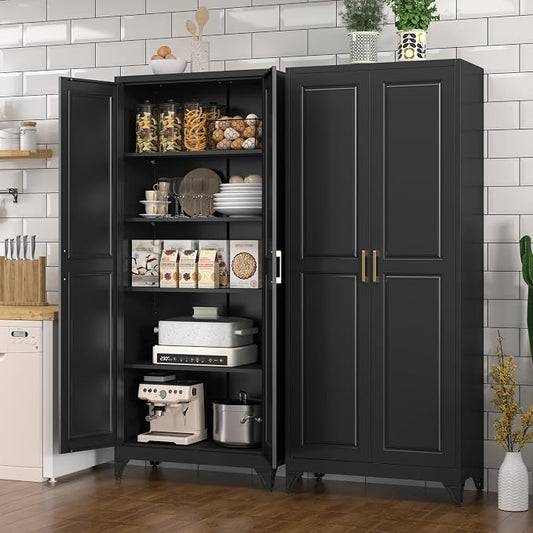 Polup Kitchen Pantry Cabinet, 75" H Metal Storage Cabinet with Doors and Shelves, 4 Standing Feet, Cupboard for Kitchen, Dining, Living Room, 16" D x 32" W x 75" H, Black, Assembly Required