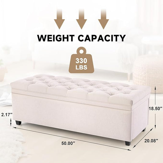 Mangodan 50" Storage Ottoman Bench, Tufted Ottoman with Storage for Living Room, Large End of Bed Ottomans, Modern Entryway Benchs, Window & Bedroom Benches for Foot of Bed (Beige)