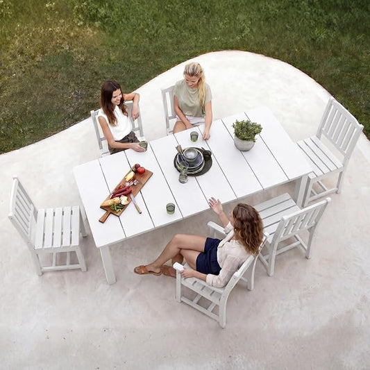 Perli™ 7-Piece Outdoor Dining Set, All-Weather HDPE Patio Table and 6 Chairs with Umbrella Hole, UV-Resistant Composite Wood Dining Furniture for Deck, Backyard, Poolside, White