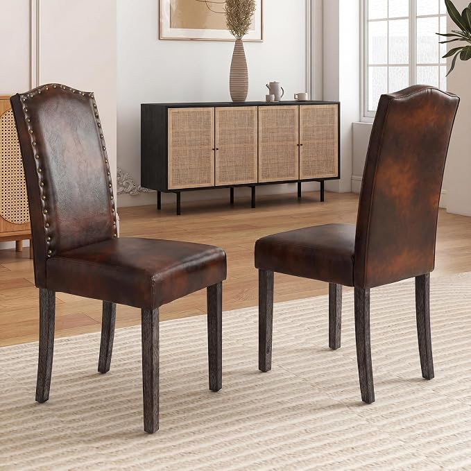 LSSBOUGHT PU Dining Chair Upholstered Parsons Kitchen Chair with Copper Nails and Solid Wood Legs for Dining Room,Restaurant (Vintage Brown, 2PCS)