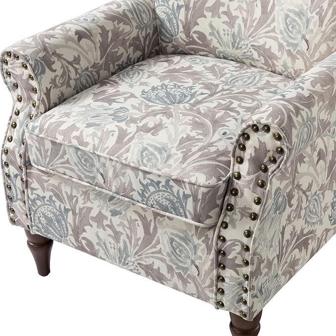 HULALA HOME Modern Wingback Accent Chair with Wood Legs & Removable Cushion, Comfy Upholstered Armchair with Nailhead Trim, Floral Pattern Single Sofa Chair for Living Room Bedroom, Grey
