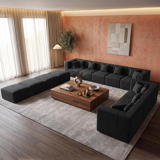 MONVANE Modular Sectional Sofa, Oversized 12 Seat Convertible U Shaped Couch with Ottoman, Comfy Chenille Cloud Couch with Deep Seat, Sectional Couches for Living Room, No Assembly Required, Black