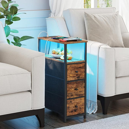 TUTOTAK Narrow LED Night Stand with Charging Station, Slim End Table with Plugins, Tall Side Table with 3 Fabric Drawer, Small Bedside Table with Storage, for Living Room, Brown TB01BB086L