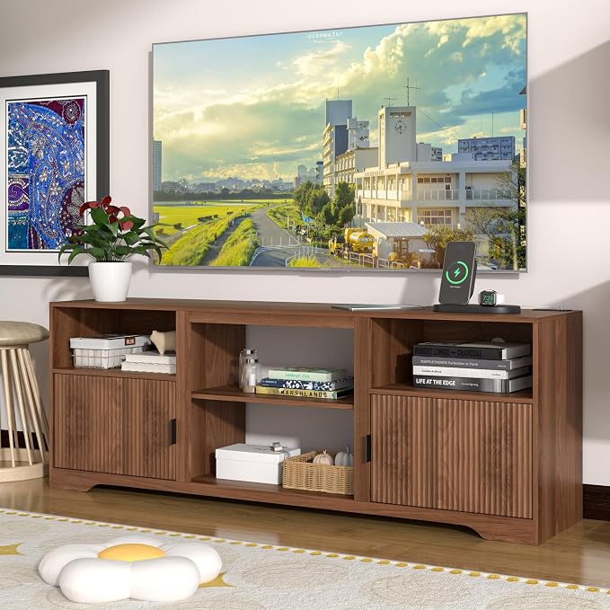 Fluted TV Stand for Tvs up to 80",Mid Century Modern TV Stand with Open Adjustable Shelf,Entertainment Center Wood TV Media Console with Cord Holes for Living Room Furniture Bedroom,Walnut