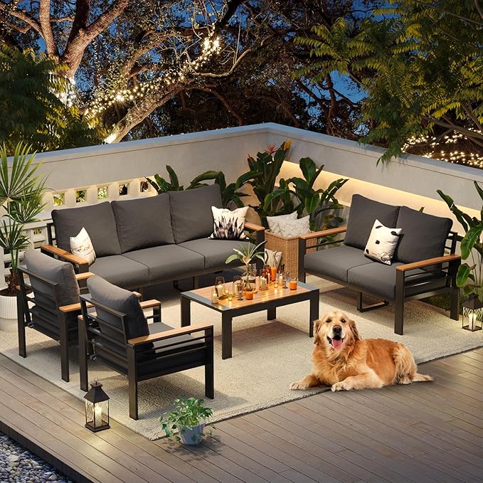 Aoxun Aluminum Patio Furniture Set 7 Seats, Oversized Outdoor Sectional with Washable Thick Cushions, Coffee Table, Patio Conversation Sets for Porch, Balcony, Deck, Dark Gray