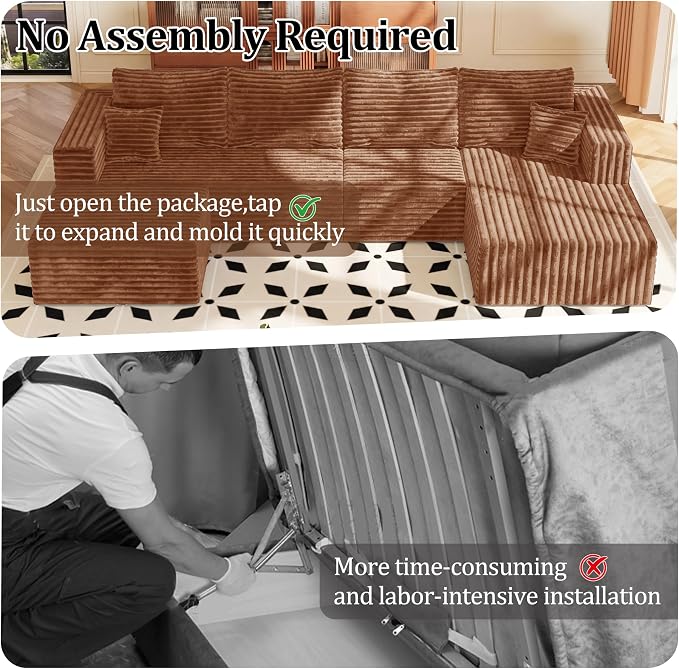 92.5'' U-Shaped Boneless Couches, Sectional Sofa with Deep Seat with Ottoman, Corduroy Modular Sectional Sofa, Convertible Cloud Couch with Oversized Deep Seats No Assembly Needed