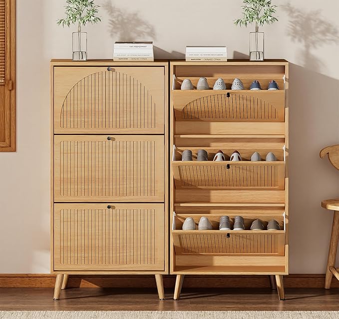 Fsbecl Shoe Storage Cabinet for Entryway with 3 Flip Drawers, Narrow Shoe Organizer with Fluted Panel, Freestanding Wood Hidden Shoe Cabinet for Hallway (Wood Color, 23.6''W, Single Layer)