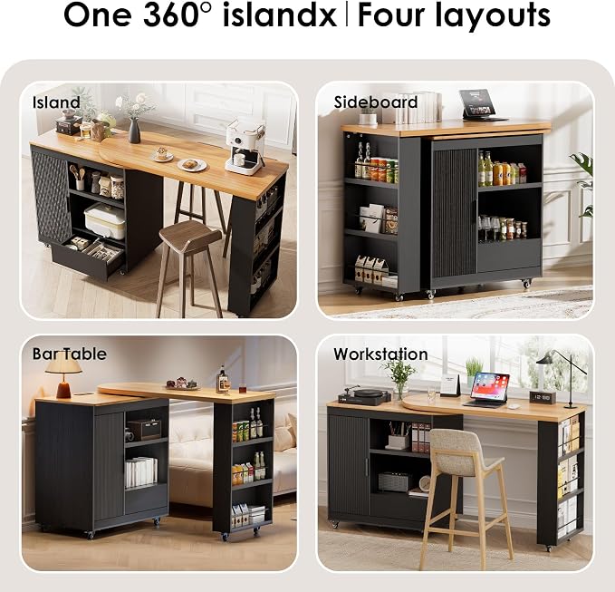66'' Rolling Kitchen Island with 360° Swivel Tabletop Mobile Kitchen Island with Power Outlet Rotating Kitchen Islands with Storage Cabinets Wood Kitchen Island Table for Kitchen, Bar, Dining Room