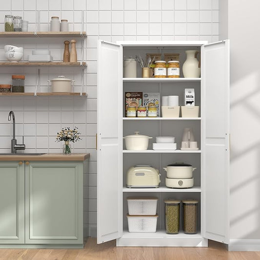 UNICOLY 71" Kitchen Pantry Cabinet, Pantry Storage Cabinet with Doors and 4 Shelves, Metal Storage Cabinets for Kitchens, Living Room, Dinning Room, Assembly Required, White