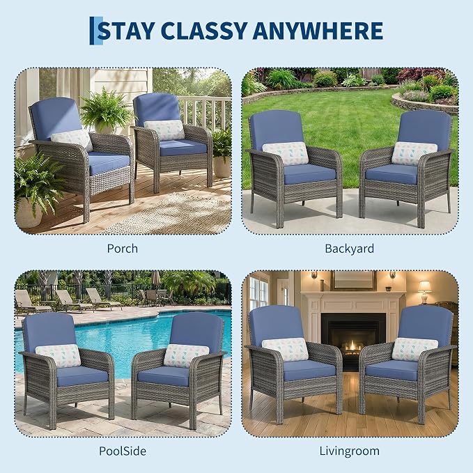 Garvee 2 Pieces Patio Furniture Set, Outdoor Wicker Chairs of 2,All Weather High Back Rattan Chairs 2-Seater with Comfy Cushions for Porch Deck,Gray & Blue