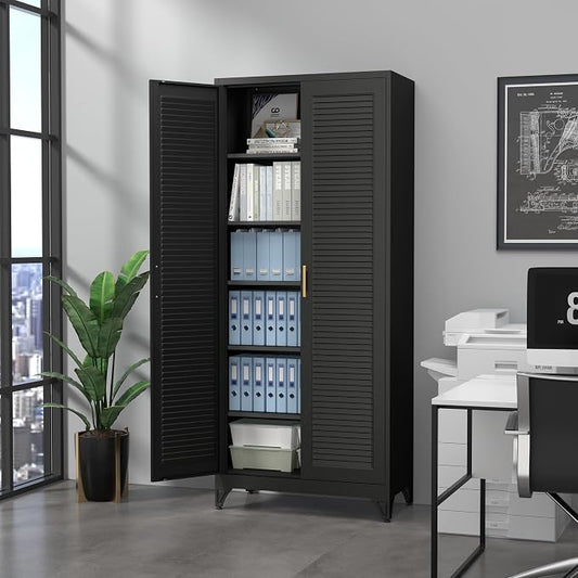 SteeLoong Kitchen Pantry Cabinet,75" Metal Storage Cabinet with Doors and 5 Adjustable Shelves,Black Tall Locker Organizer Steel Garage Cabinets for Tool,File Cabinet for Office,Kitchen,Garage,School