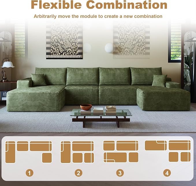 AUGOP 136" Sectional Couches for Living Room Modern Modular Sofa with L-Shape Couchs Upholstered Boneless Couch Deep Seat Sectional Couch with Chaise (Green, Left Facing Chaise+3Seaters+Ottoman)