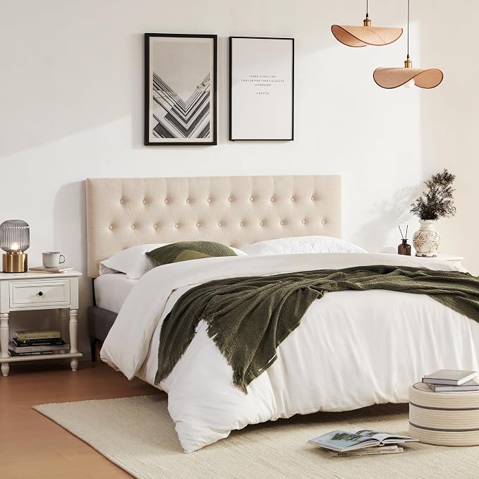 Upholstered Headboard California King, Adjustable Height 37''- 51'', Beige | Sturdy Durable Solid Wood Bed Headboard, Tufted Fabric California King Headboard, Modern Button Diamond Design Head Board