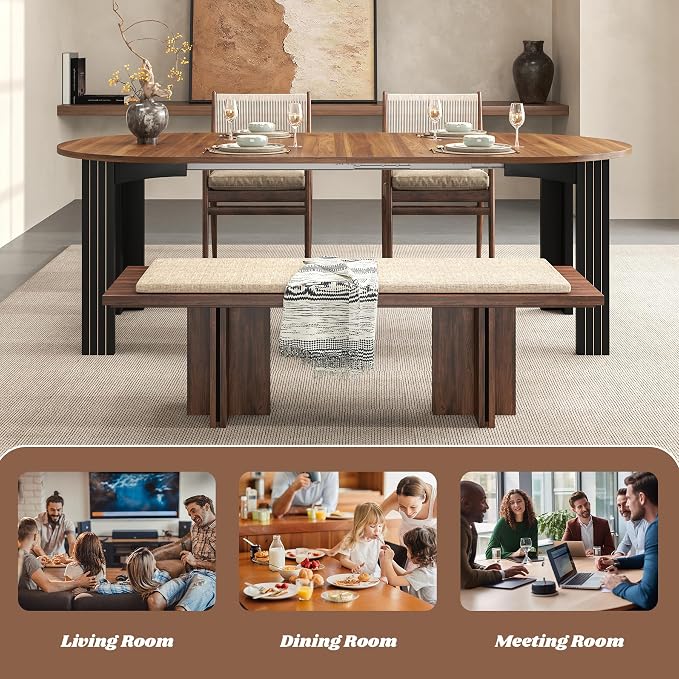 Epecoya Round Extendable Dining Table for 4-8 People, 43"-78" Wooden Oval Dining Room Table with Leaf Extension, Farmhouse Expandable Kitchen Table for Apartment, Living Room, Walnut Black