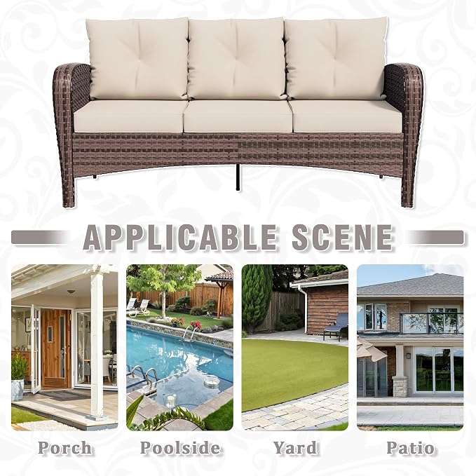 Patio 3-Seater Sofa, PE Wicker Outdoor Lounge with Thick Removable Cushions, Rust-Proof Steel Frame, 900LBS Capacity, Beige