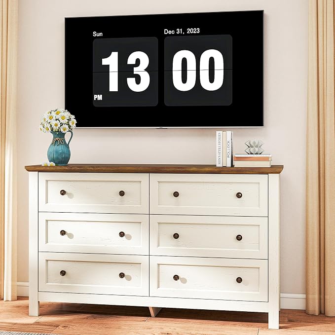 Farmhouse Dresser Nightstand Sets, 2-Piece Bedroom Furniture Set for Home | 6 Drawer Dresser Closet & 3 Drawer Nightstand, Chest of Drawers for Bedroom, Living Room, Entryway, Antique White