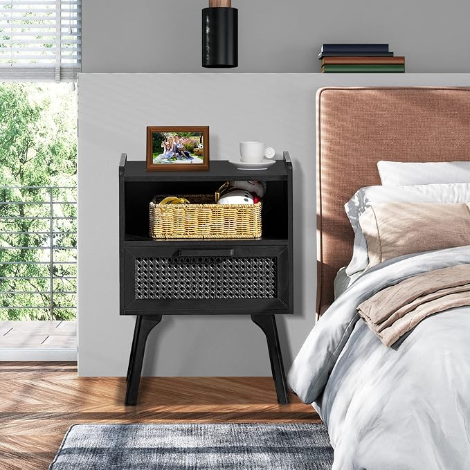 Lerliuo Rattan Nightstands Set of 2, Boho Side Table with Drawer Open Shelf, Cane Accent Bedside End Table with Solid Wood Legs for Bedroom, Dorm and Small Spaces (Black)