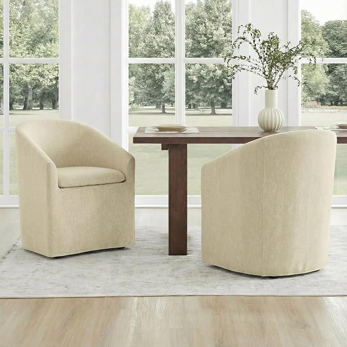 KISLOT Upholstered Dining Chairs Set of 4 with Casters, Modern Side Barrel Armchair with Washable Slipcover & Sturdy Metal Frame for Diningroom Bedroom Livingroom Reading Room, Sand Fabric