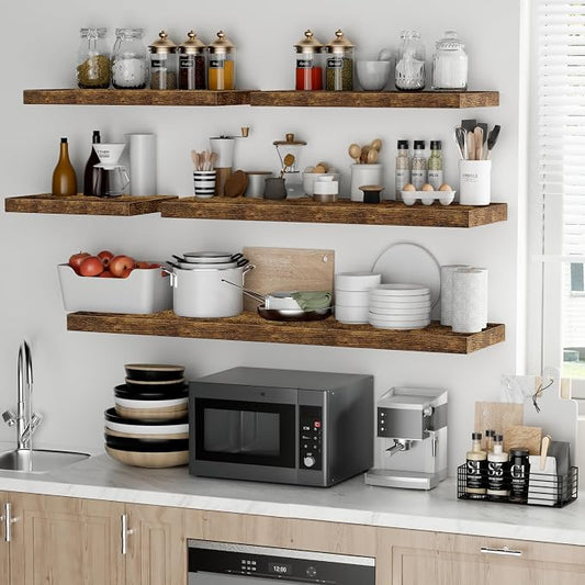Fun Memories Floating Shelves - 2 Pack 12 Inch Deep Rustic Wooden Wall Shelves - Extra Deeper & Thicker Wall Mounted Storage Shelf for Living Room, Kitchen, Farmhouse - 24" W x 12" D x 1.5" H - Brown
