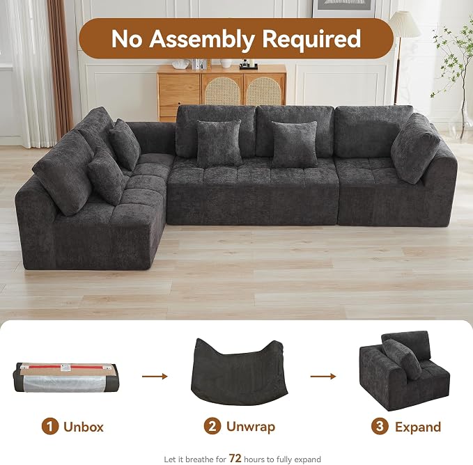 140''Modular Sectional Couches for Living Room, Cloud Boneless Compressed Sectional Sofa, Oversized L Shaped 5 Seater Upholstered Memory Foam Sofa, No Assembly, Chenille Grey
