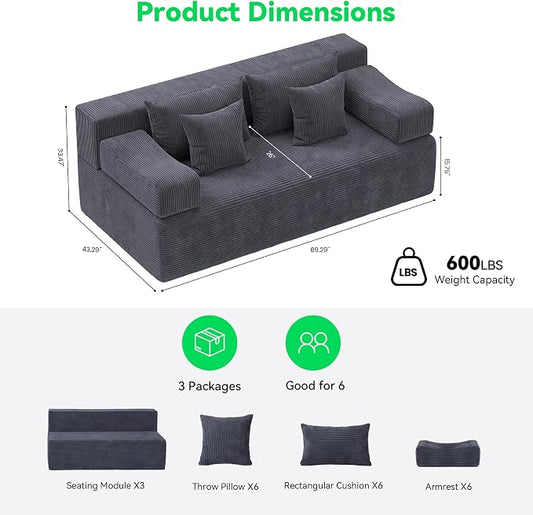 MONVANE 3-Piece Boneless Loveseat Couch Set for Living Room, Oversized Modular Sectional Sofa Set with Removable Armrests, Comfy Corduroy Cloud Couch with 12 Pillows, No Assembly Required, Grey