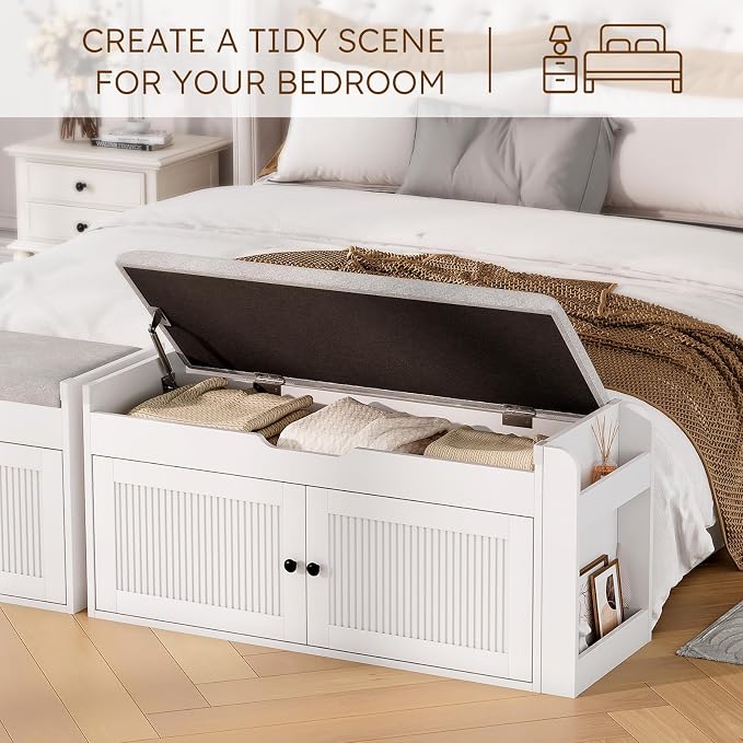 39.4" Storage Bench - Entryway Shoe Bench with Side Storage Shelves and 2 Doors, Multifunctional Entryway Bench with Lift Top Cushion, Shoe Storage Bench for Bedroom, Living Room, White