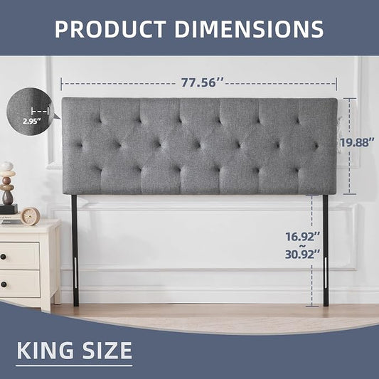 Linen Headboard King Size, Adjustable Height Headboard 37-51 in, Light Gray | Diamond Tufting Solid Wood King Headboards, Durable Metal Legs, Upholstered King Head Board for Bed Frame, Modern Fabric