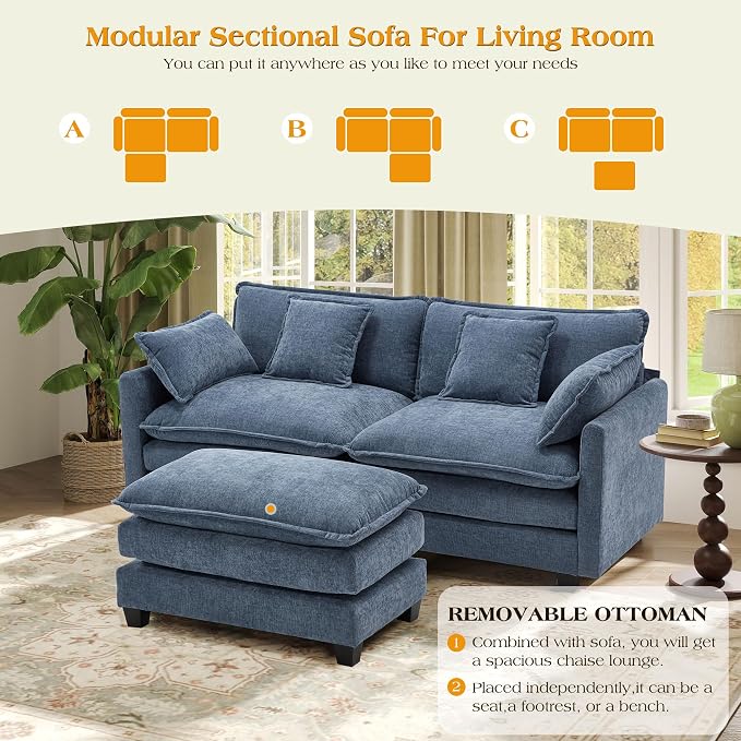 77.6" Modular Sectional Sofa,Loveseat Couch for Living Room, Modern Deep Seat Sofa 2 Seater Chenille Fabric Comfy Cloud Couches with Throw Pillows & Ottoman for,Apartment