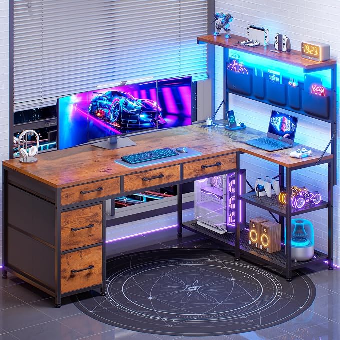 SEDETA L Shaped Desk with Drawers and Hutch, 47.2" Reversible Office Computer Desk with 5 Fabric Drawers, L Shaped Desk with Storage Shelves, Power Outlet and LED Lights for Home Office, Rustic Brown