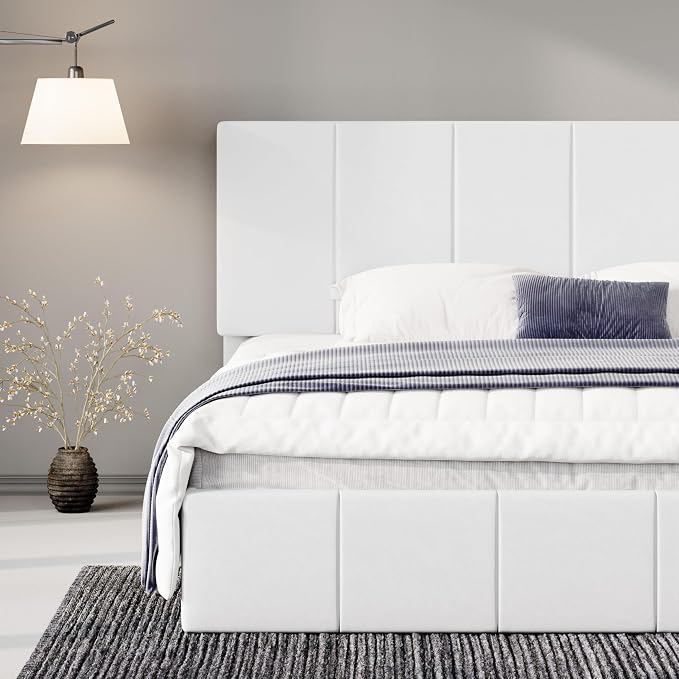 Allewie King Size Dutch Velvet Upholstered Platform Bed Frame/Vertical Channel Tufted Adjustable Headboard/Low Profile Bed Frame/No Box Spring Needed/Easy Assembly/White