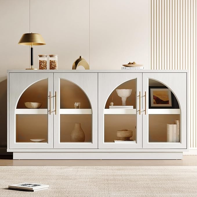 Fatmok Sideboard Buffet Cabinet with Storage Set of 2, 59” Modern Accent Cabinet with Glass Doors, Large Wood Arched Credenza Storage with Adjustable Shelves for Dining Room Entryway, White Wood Grain