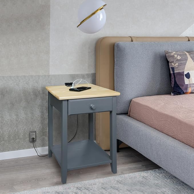 Casual Home Owl Night Stand with USB Port Charging Station and Drawer, 17.5" W x 14.25" D x 24.5" H, Natural Gray