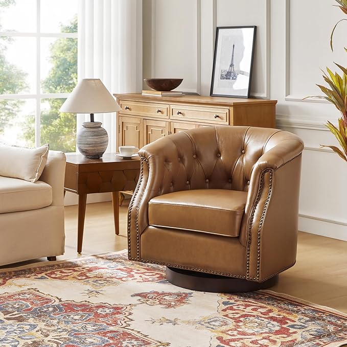 HULALA HOME Genuine Leather Swivel Accent Chairs Set of 2, Swivel Rocker Barrel Chairs, Traditional Chesterfield Armchairs with Button-Tufted Design, No Assembly Required, Camel
