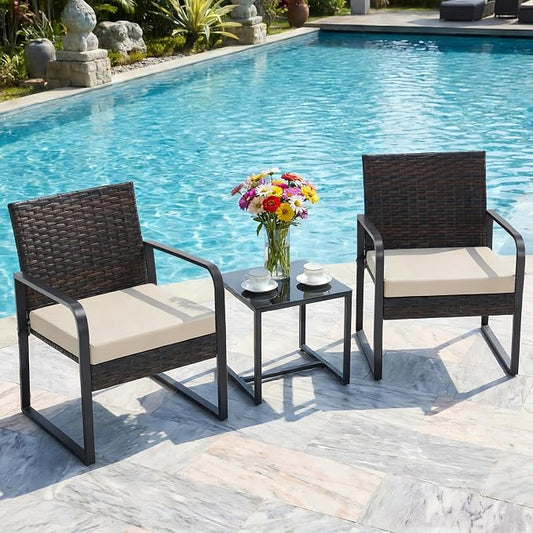 Bezseller 3 Piece Outdoor Patio Furniture Set, Patio Bistro Set Wicker Conversation Set, Modern Rattan Chair with Glass Coffee Table for Backyard, Porches, Poolside, Lawn and Balcony