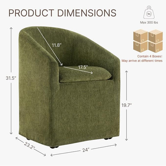 KISLOT Upholstered Dining Chairs with Casters, Washable Cover Modern Dining Room Chairs with Barrel Backrest & Dual Armrest for Kitchen, Living Room, Bedroom, Green Fabric, 4PCS