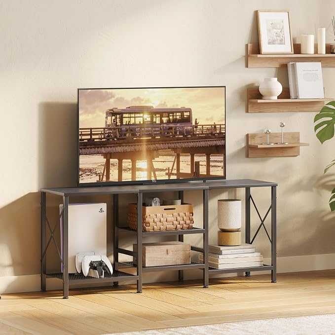 JARHETUN TV Stand for 55 Inch TV, Entertainment Center with 3-Tier Open Shelves, TV Console Table for Living Room, Bedroom, Black